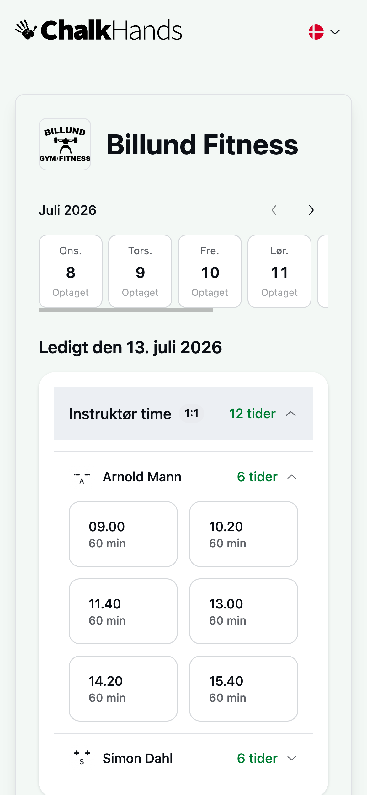 Offentlig bookingside på mobil med ledige tider